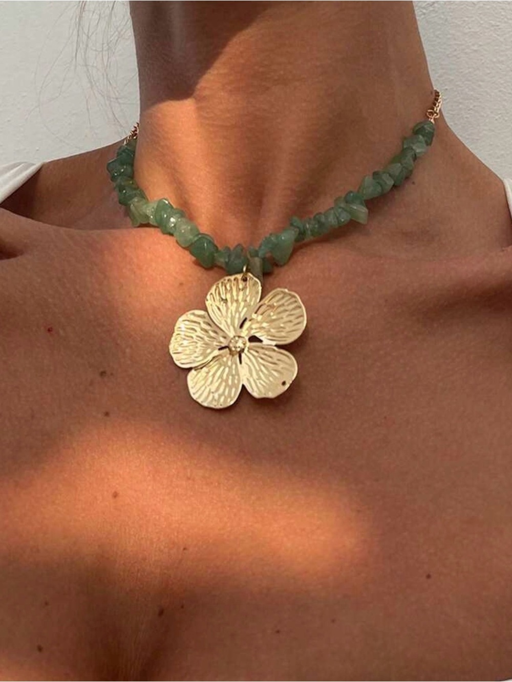 Gold Flower Pendant Necklace with Green Beads - Women Jewelry